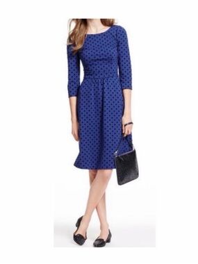 Boden Dress Women US 6R Blue Flocked Polka Dot Half Sleeve Lined Office Workwear